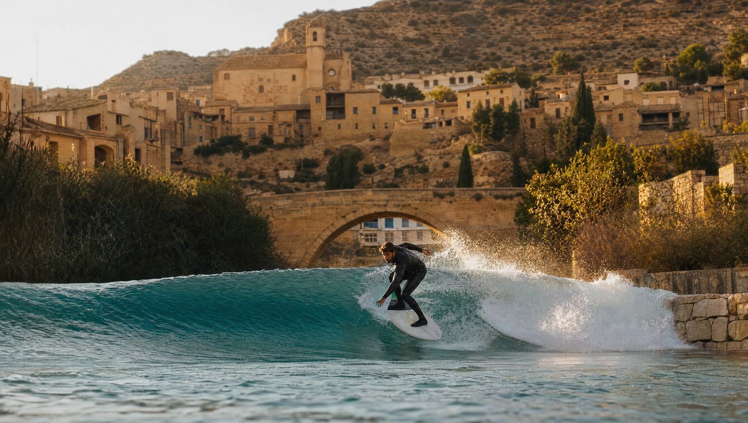 Surfista sobre una ola estacionaria en un r&iacute;o, con un pueblo de piedra al fondo