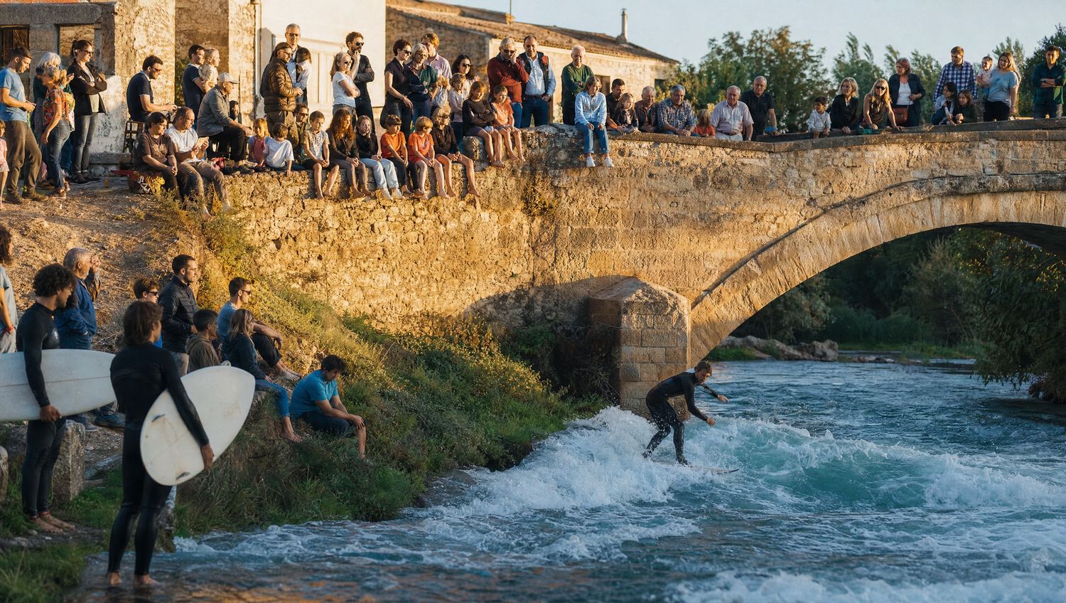 Vecinos de un pueblo asomados a un puente de piedra viendo surfear en el r&iacute;o